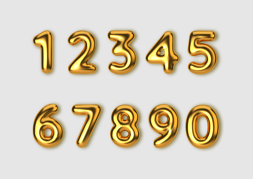 Realistic 3d font gold numbers. Number in the form of golden balloons. Template for products, advertizing, web banners, leaflets, certificates and postcards. Vector illustration