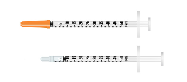 Realistic 3d insulin medical syringe with needle.