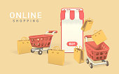 istock Realistic 3d mobilephone with shopping carts and shopping bags. Online store. Online shopping concept. Vector illustration 1368214141