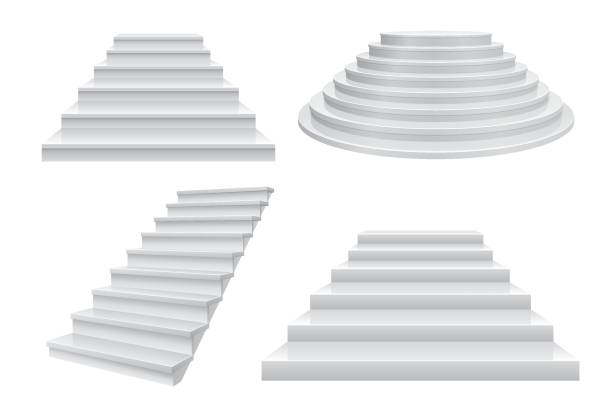 현실적인 3d 계단입니다. 경력 계단, 사다리 흰색 절연 성공 개념 전면 보기를. 현대 비즈니스 템플릿 - 계단 및 층계 stock illustrations