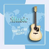 Realistic acoustic guitar on wooden background with world map vector illustration