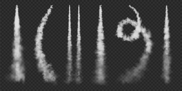 Realistic airplane condensation trails. Space rocket launch. Missile or bullet trail. Jet aircraft tracks. White smoke clouds, fog. Steam flow. Vector illustration