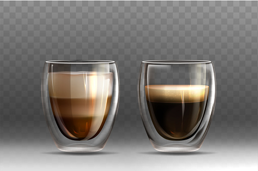 Realistic americano and cappuccino coffee in glass cups