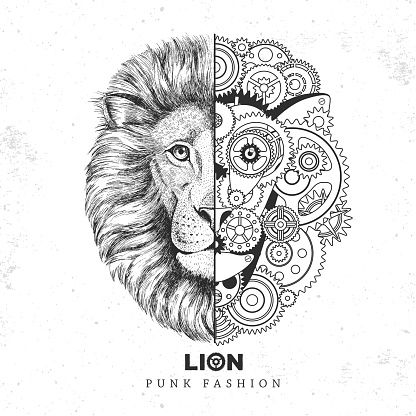 Realistic and punk style lion face illustration. Lion face silhouette with gears. Vector illustration