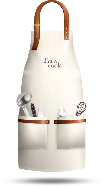 realistic apron cook Realistic white cook apron with lettering, culinary utensils in pockets, loop from brown leather isolated vector illustration chef apron stock illustrations