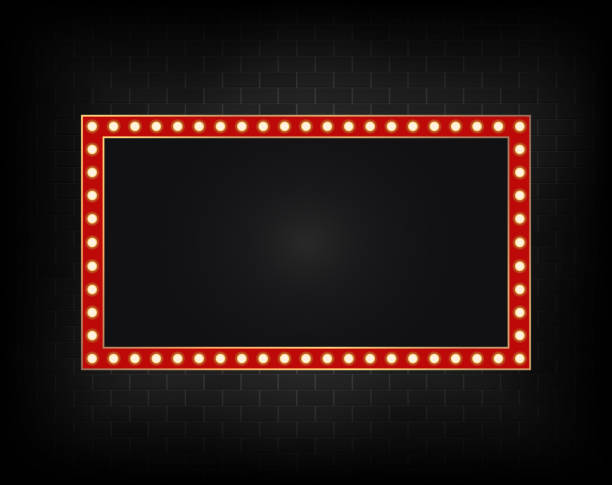 Realistic billboard on dark brick background wall, led lights frame. Vector Realistic billboard on dark brick background wall, led lights frame. Road Rectangle signage with glowing. Electric bright decoration banner. Advertising shiny square with neon light. Vector movie borders stock illustrations