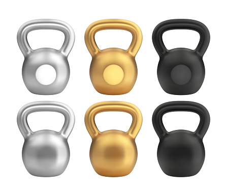 Realistic black, golden and silver kettlebell set. Vector illustration for sport design.