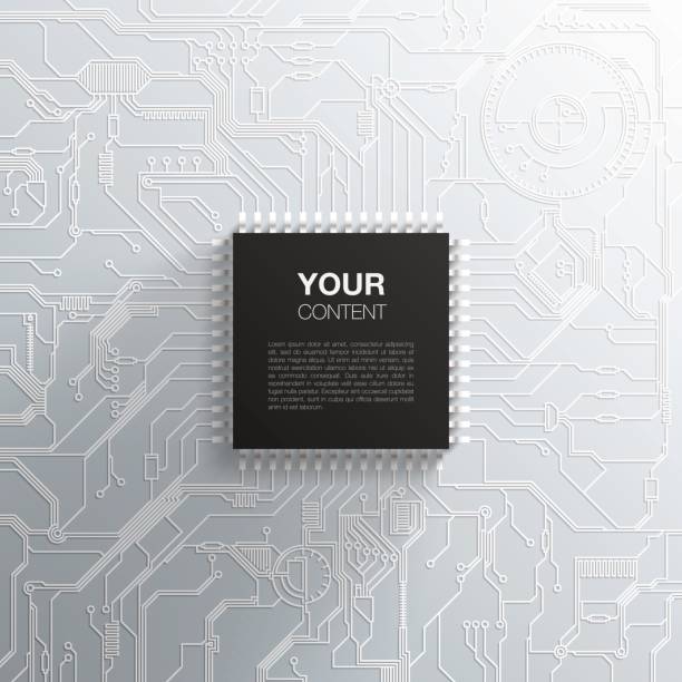 stockillustraties, clipart, cartoons en iconen met realistische zwarte microchip op gedetailleerde printed circuit board ontwerp - mother board