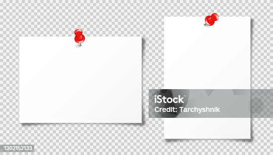 istock Realistic blank paper sheet in A4 format with red push pin on transparent background. Notebook page, document. Design template or mockup. Vector illustration 1302152133