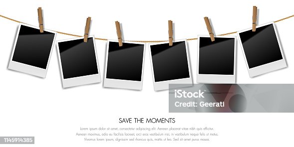 istock Realistic blank retro photo frames on a rope with wooden clips, Vector illustration 1145914385