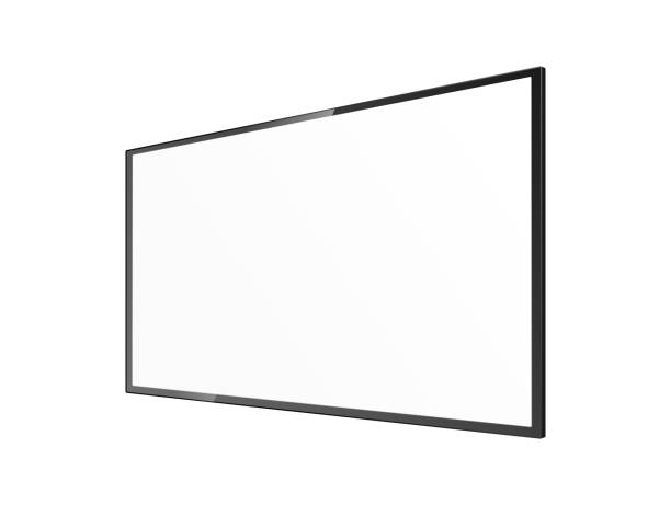 Realistic blank TV screen mockup from angled view - black rectangle panel Realistic blank wall mount flat screen TV frame mockup from angled view - black hanging rectangle panel with empty white copy space. Isolated vector illustration. television industry stock illustrations
