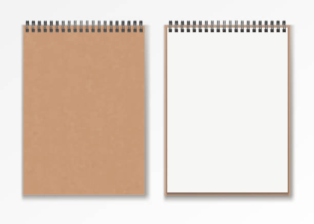 Realistic  Blank   vertical  closed  realistic spiral notepad  mockup set . Realistic  Blank   vertical open  and  closed  realistic spiral notepad  mockup set . Isolated notebook on white background. Brown cardboard texture cover. sketch pad stock illustrations