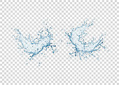 Realistic blue water splash and drops isolated on transparent background. Vector texture.
