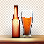 istock Realistic Bottle And Glass With Bubble Beer Vector 1145191145