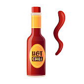 istock Realistic Bottle Hot Chili Pepper Sauce with Label. Spicy Dressing, Red Colored Condiment with Spilled Strip or Stroke 1285828262