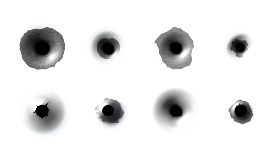 Realistic bullet holes set vector illustration. Collection of damaged element from shooting weapon