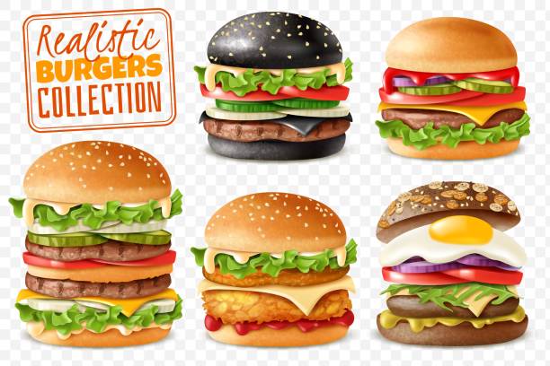 gerçekçi burger koleksiyonu şeffaf arka plan seti. gerçekçi hazır burger değiştirmek ve ayrı izole öğeleri ile şeffaf arka plan üzerinde hareket kolay izole elemanları ile ayarlayın - burger stock illustrations
