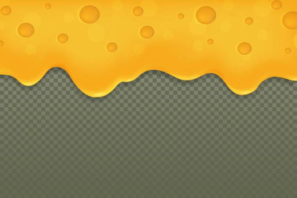 Realistic cheese or curd banner, melted cheddar Realistic cheese or curd banner. Flowing or melted cheddar cheese element, border. Stretchy texture with holes, blank yellow mockup. Natural dairy food. cheese borders stock illustrations