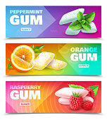 Set of horizontal ad banners realistic chewing gum with various flavor isolated on colorful background vector illustration