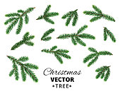 Christmas tree branches isolated on white background. Realistic vector fir tree, pine tree. Easy to create frames, borders, wreaths. Great for christmas cards, banners, flyers, party posters.