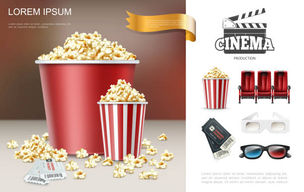 Realistic Cinema And Movie Composition Realistic cinema and movie composition with popcorn in red buckets clapper comfortable seats tickets and 3d eyeglasses vector illustration popcorn stock illustrations
