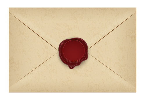 Realistic closed vintage old aged letter envelop with round dark red wax seal stamp. Paper parchment. Ancient postage symbol collection. Post object isolated on white. Vector illustration.