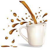 A realistic coffee cup with splashing coffee on a transparent background. File includes EPS Vector file and high-resolution jpg.