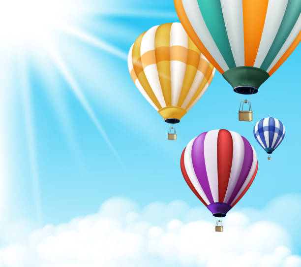 Realistic Colorful Hot Air Balloons Background Flying Realistic Colorful Hot Air Balloons Background Flying in the Blue Sky with Sun Rays and Clouds with Space for Writings. Vector Illustration zero gravity carnival ride stock illustrations