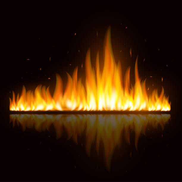 ilustrações de stock, clip art, desenhos animados e ícones de realistic colorful image line bon fire flame with horizontal reflection smoke and sparks - incêndio fumo