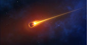 istock Realistic comet, meteorite, an asteroid in motion burns against the background of outer space. 3d object vector illustration. Bullet burns with fire 1222035078