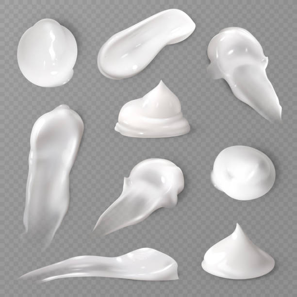 Realistic cosmetic cream smears. White creamy drop skincare cream product lotion thick fresh smooth smear vector texture Realistic cosmetic cream smears. White creamy drop skincare cream product lotion thick fresh smooth smear isolated vector texture sunscreen stock illustrations
