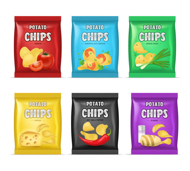realistische detaillierte 3d chips werbung reisetaschen set. vektor - chips potato stock-grafiken, -clipart, -cartoons und -symbole