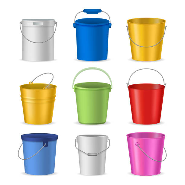 Realistic Detailed 3d Color Buckets Set. Vector Realistic Detailed 3d Color Empty Plastic or Metal Buckets Set Pail and Handle. Vector illustration of Bucket bucket stock illustrations