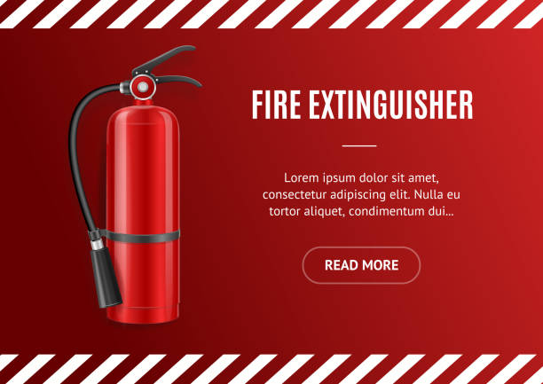Realistic Detailed 3d Fire Extinguisher Concept Banner Horizontal. Vector Realistic Detailed 3d Fire Extinguisher Concept Banner Horizontal on a Red and Place for Text. Vector illustration firefighters stock illustrations