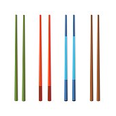 Realistic Detailed 3d Food Chopsticks Set Different Types on a White Background. Vector illustration of Traditional Asian Bamboo Utensils Color Chopstick