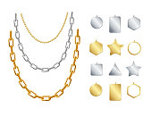 Realistic Detailed 3d Gold and Silver Chain Necklace Beads Ball with Pendants Different Types Set. Vector illustration