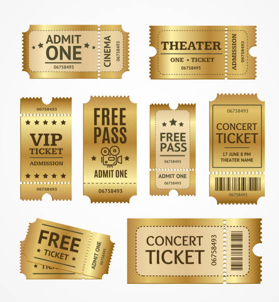 Realistic Detailed 3d Golden Tickets Set. Vector Realistic Detailed 3d Golden Tickets Set Concept Free Admission Entertainment, Show, Performance and Theatre. Vector illustration of Ticket abundance stock illustrations