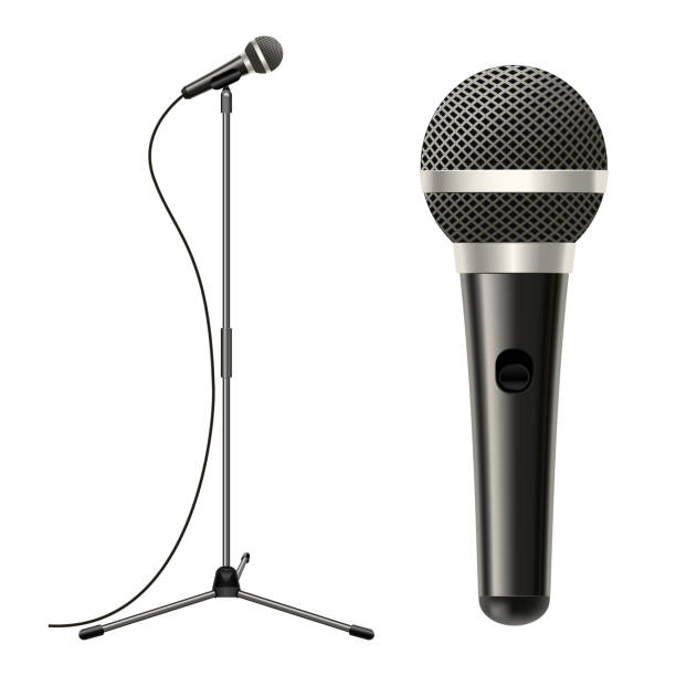 Realistic Detailed 3d Microphone with Stand. Vector Realistic Detailed 3d Stage Microphone, Cable with Stand Equipment for Performance, Entertainment, Studio, Karaoke Sing or Concert. Vector illustration microphone stock illustrations