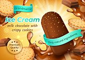 Realistic Detailed 3d Milk Chocolate with Crispy Cookies Ice Cream Ads Banner Concept Poster Card. Vector illustration of Icecream