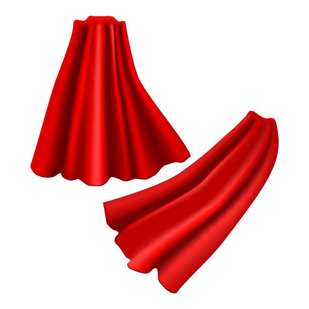 Realistic Detailed 3d Red Cloaks Costume Superhero Set. Vector Realistic Detailed 3d Red Cloaks Costume Superhero Element Set Silk or Satin Material. Vector illustration of Cloak flowing cape stock illustrations