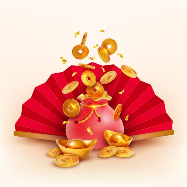 Realistic Detailed 3d Red Lucky Bag Full of Gold Coins and Hand Fan. Vector vector art illustration