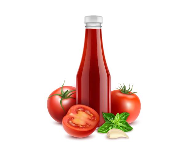 Realistic Detailed 3d Red Tomato Ketchup Bottle and Basil Leaves for Salad. Vector vector art illustration