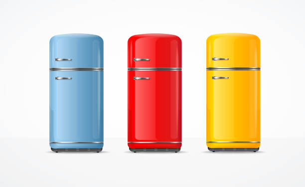 stockillustraties, clipart, cartoons en iconen met realistische gedetailleerde 3d vintage kleur koelkast set. vector - fridge