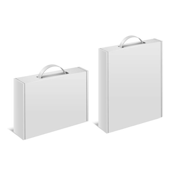 현실적인 상세한 3d 흰색 빈 상자 케이스 핸들 템플릿 이랑 세트. 벡터 - 손잡이 stock illustrations