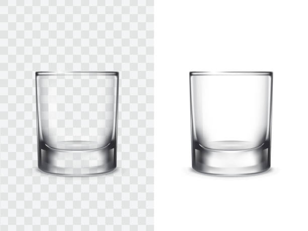 Realistic drinking glasses Realistic shot drinking glasses for alcoholic drinks, vector illustration isolated on white and transparent background. Mock up, template of strong alcohol shots, such as vodka, tequila, whiskey highball glass stock illustrations