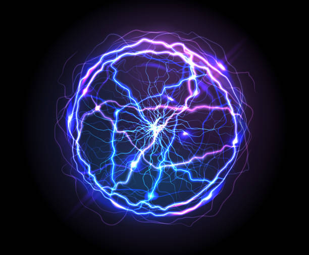 Realistic electric ball or abstract plasma sphere Electric ball or plasma sphere, realistic vector illustration. Abstractt ball lightning with burning rays or powerful electric discharges isolated on black background. Magical energy design element power in nature stock illustrations