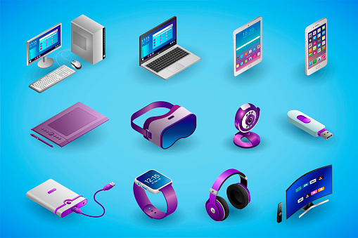 Realistic electronic devices and gadgets in isometry. Vector isometric illustration of electronic devices isolated on blue background. Desktop PC, laptop, smartphone, digital tablet, graphics tablet, virtual reality glasses, webcam, USB flash drive, external hdd, smartwatch, headphones, smart TV