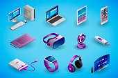 istock Realistic electronic devices and gadgets in isometry. Vector isometric illustration of electronic devices isolated on blue background. Desktop PC, laptop, smartphone, digital tablet, graphics tablet, virtual reality glasses 1328836875