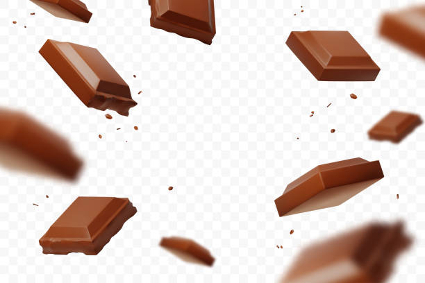 realistische fallende schokoladenstücke isoliert auf transparentem hintergrund. schwebende defokussierende milchschokoladenstücke. anwendbar für verpackungshintergrund, werbung, etc. vektorillustration. - schokolade stock-grafiken, -clipart, -cartoons und -symbole