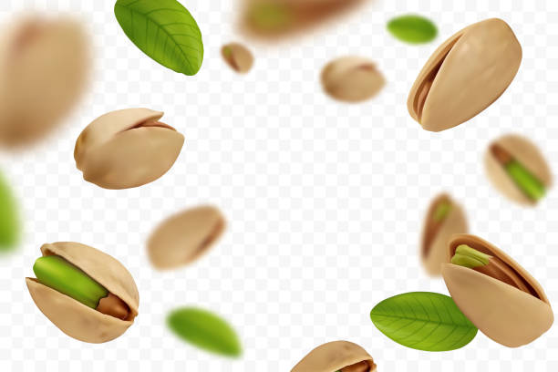 Realistic falling ripe pistachios with green leaves isolated on transparent background. Flying defocusing pistachios in shell. Design element for nuts packaging, advertising, etc. Vector illustration. Realistic falling ripe pistachios with green leaves isolated on transparent background. Flying defocusing pistachios in shell. Design element for nuts packaging, advertising, etc. Vector illustration. pistachio stock illustrations
